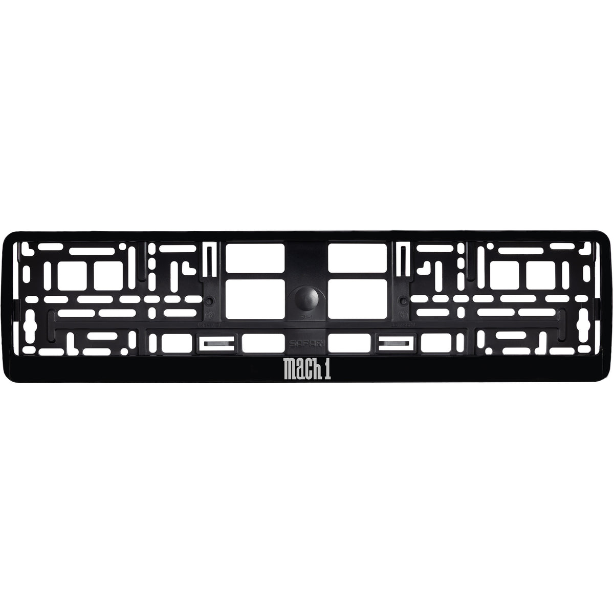 
        gloss black license plate frame with silver mach 1 logo
     