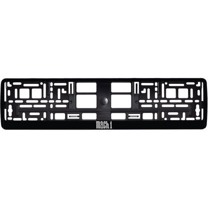 gloss black license plate frame with silver mach 1 logo