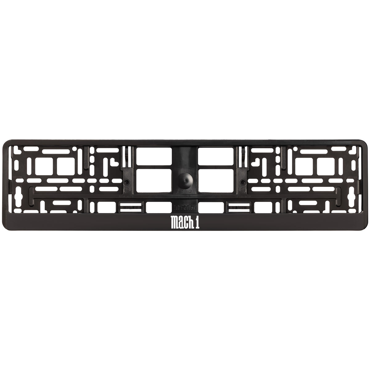 
        black license plate frame with white mach 1 logo
     