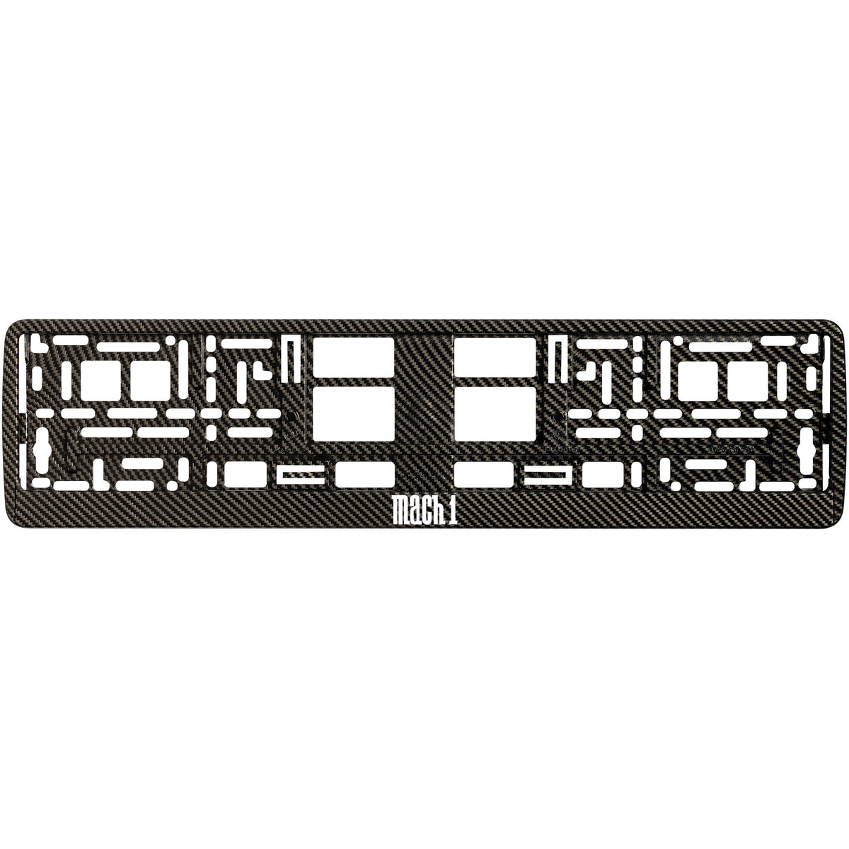 
        carbon  license plate frame with white mach 1 logo
     