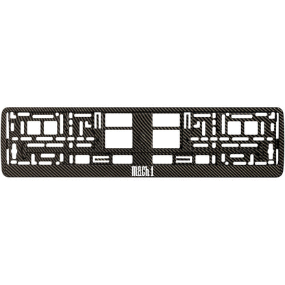 carbon  license plate frame with white mach 1 logo