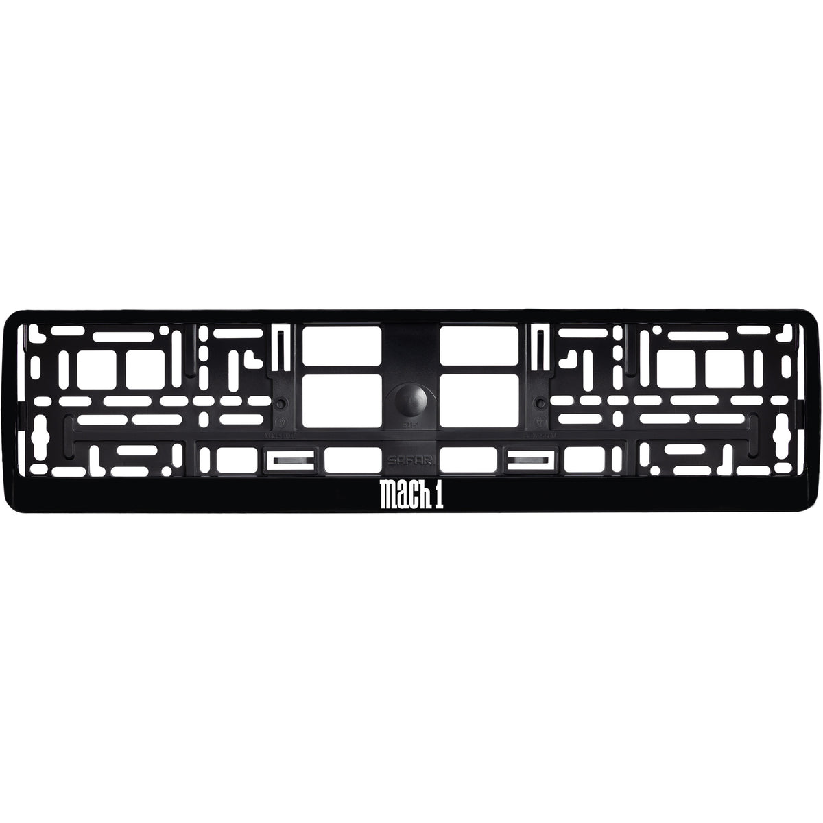 
        gloss black license plate frame with white mach 1 logo
     