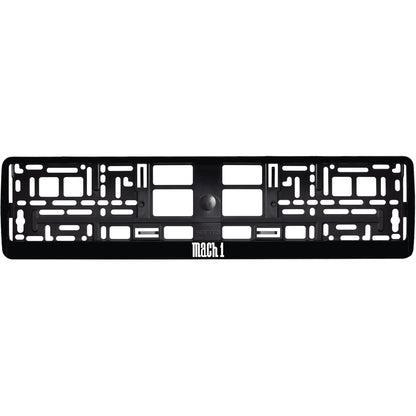 gloss black license plate frame with white mach 1 logo