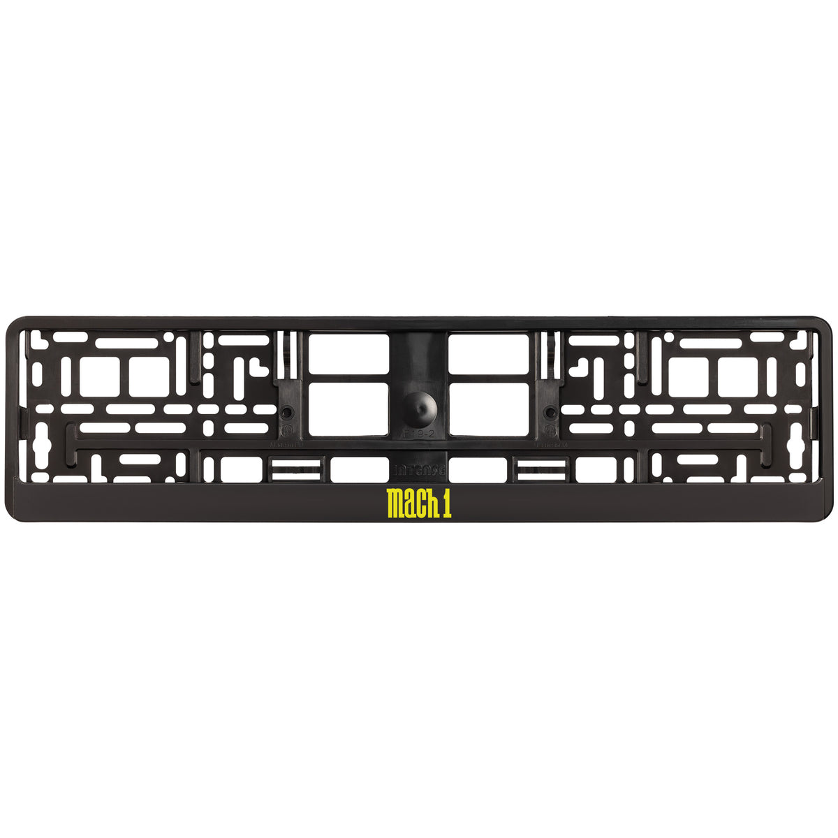 
        black license plate frame with yellow mach 1 logo
     