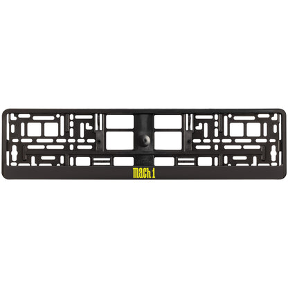 black license plate frame with yellow mach 1 logo