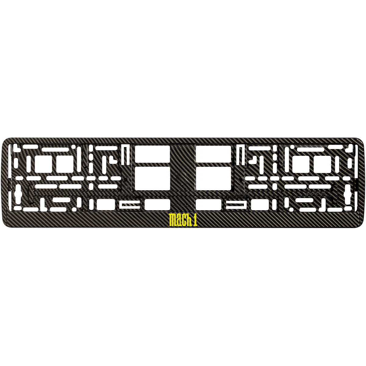 
        carbon  license plate frame with yellow mach 1 logo
     
