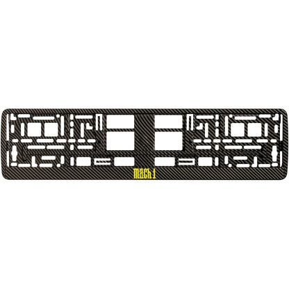 carbon  license plate frame with yellow mach 1 logo