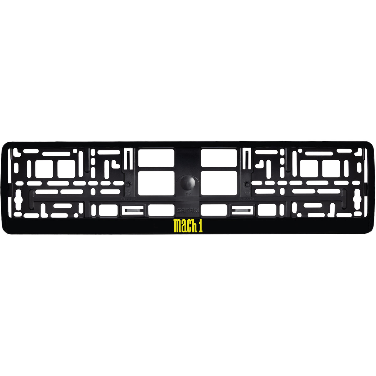 
        gloss black license plate frame with yellow mach 1 logo
     