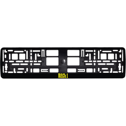 gloss black license plate frame with yellow mach 1 logo