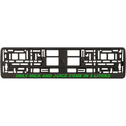 carbon license plate frame with green only milk and juice come in 2 liters