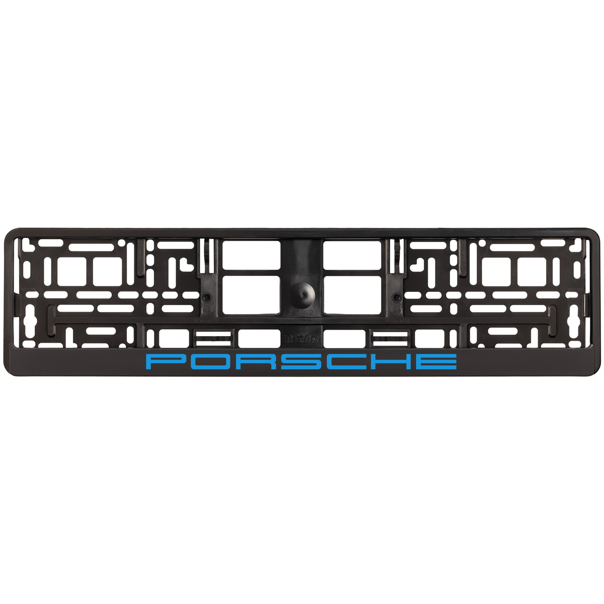 
        black license plate frame with blue cyan porsche logo
     