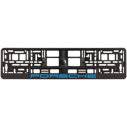 black license plate frame with blue cyan porsche logo