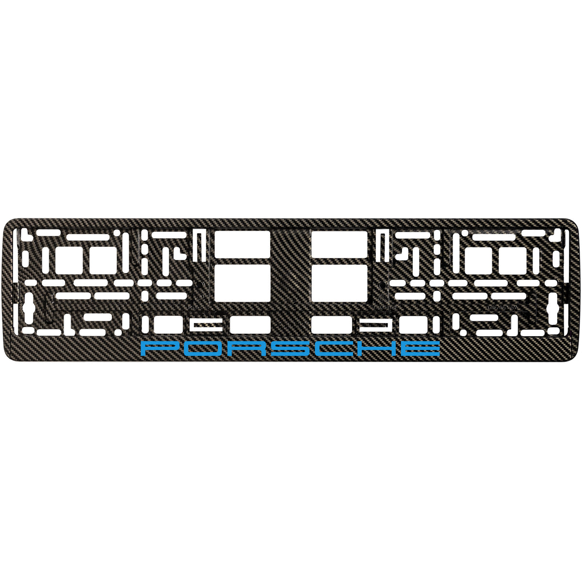 
        carbon license plate frame with blue cyan porsche logo
     
