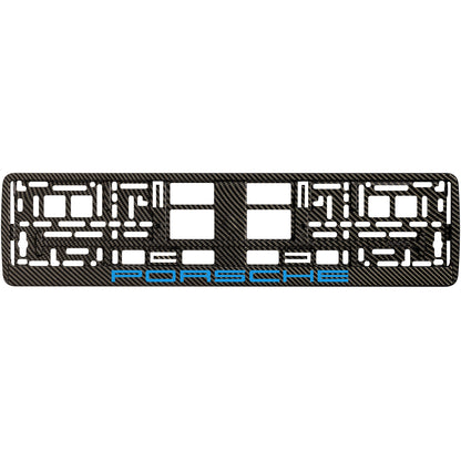 carbon license plate frame with blue cyan porsche logo