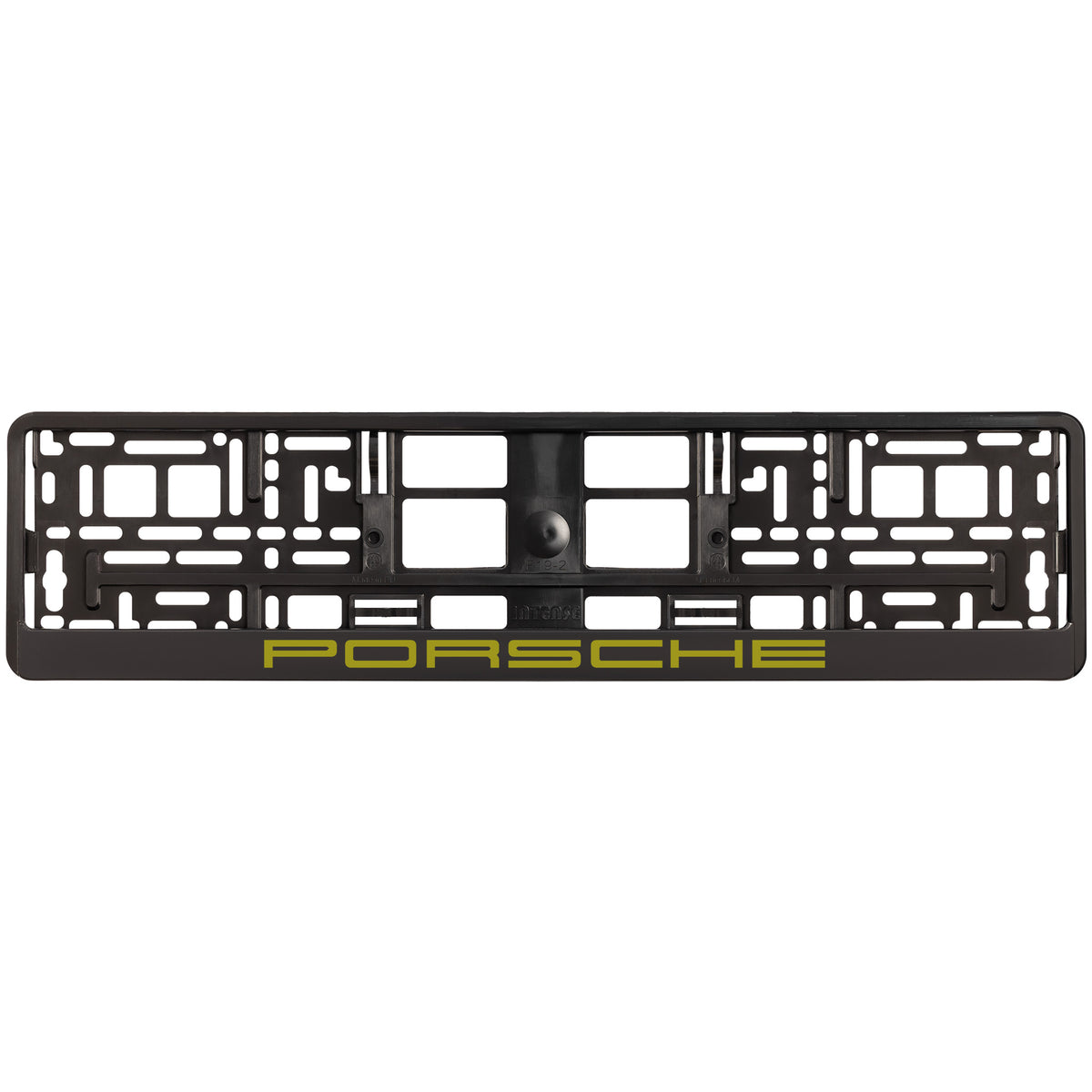 
        black license plate frame with gold  porsche logo
     