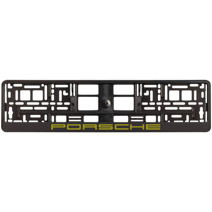 black license plate frame with gold  porsche logo