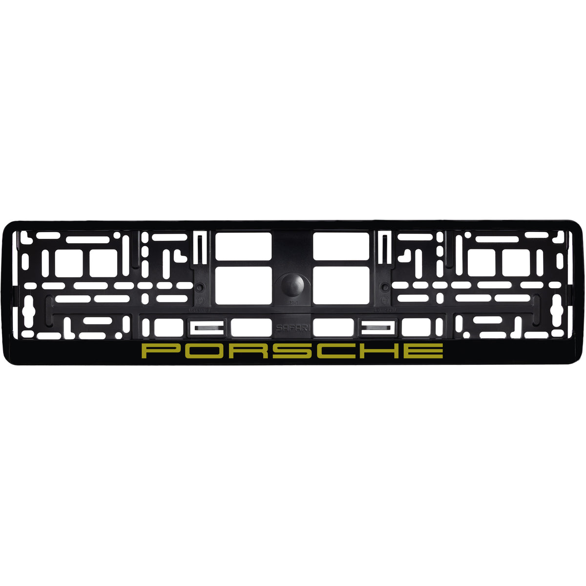 
        gloss black license plate frame with gold  porsche logo
     