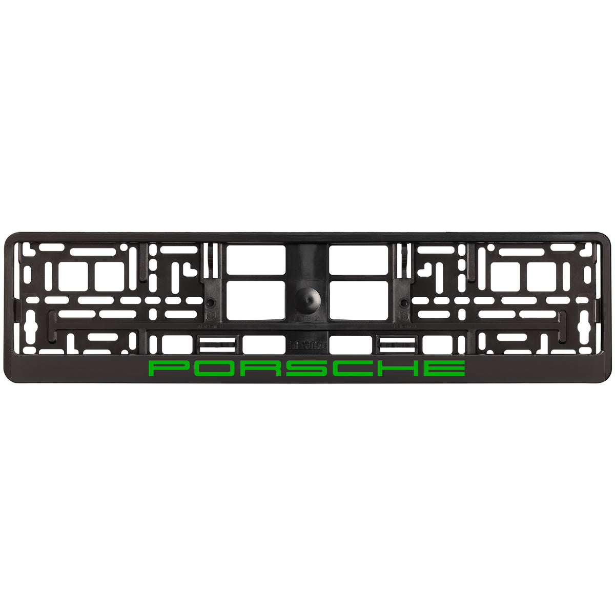 
        black license plate frame with green porsche logo
     