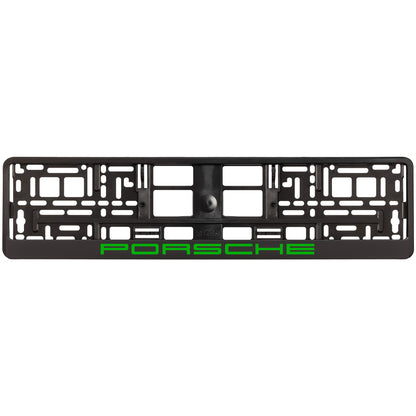 black license plate frame with green porsche logo