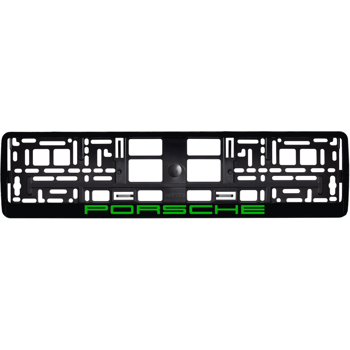 
        gloss black license plate frame with green porsche logo
     