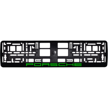 gloss black license plate frame with green porsche logo