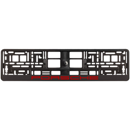 black license plate frame with red porsche logo