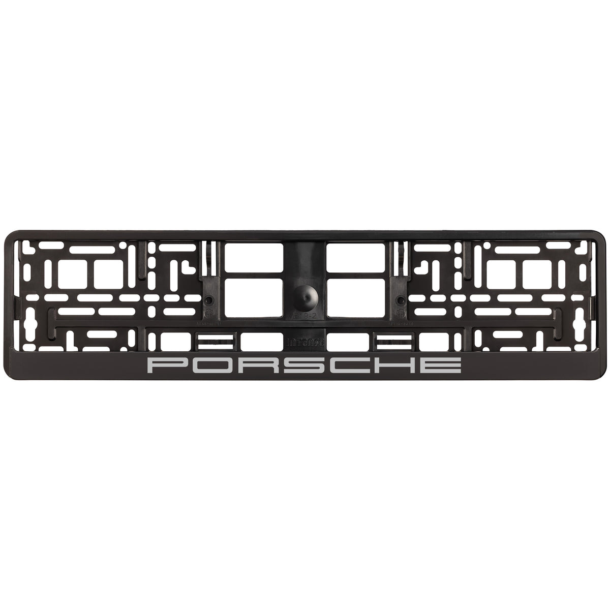 
        black license plate frame with silver porsche logo
     