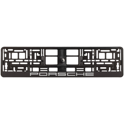 black license plate frame with silver porsche logo