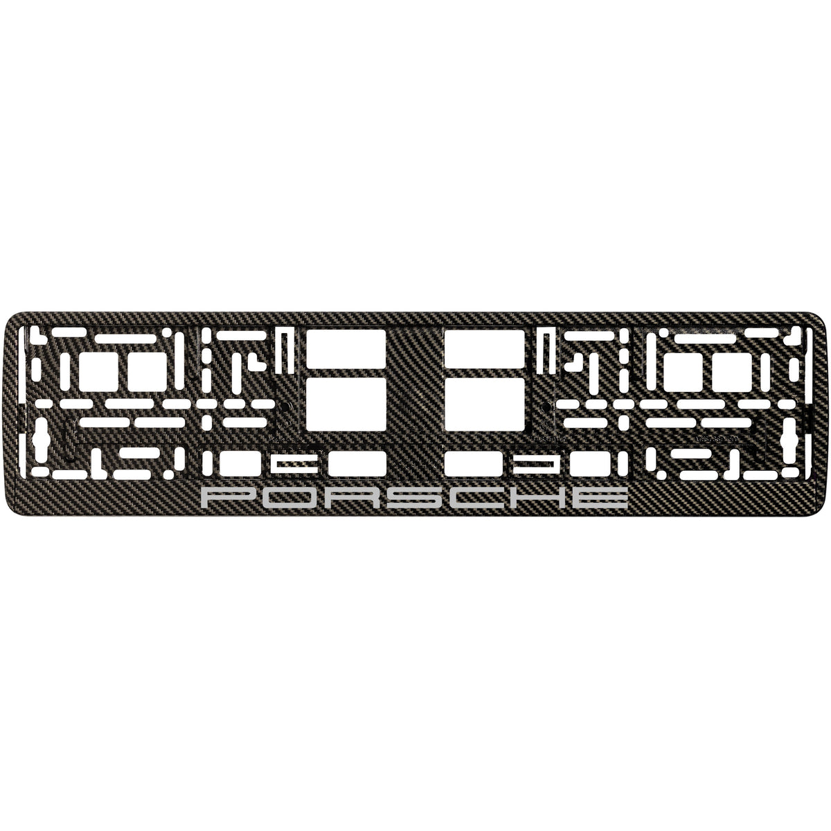 
        carbon license plate frame with silver porsche logo
     