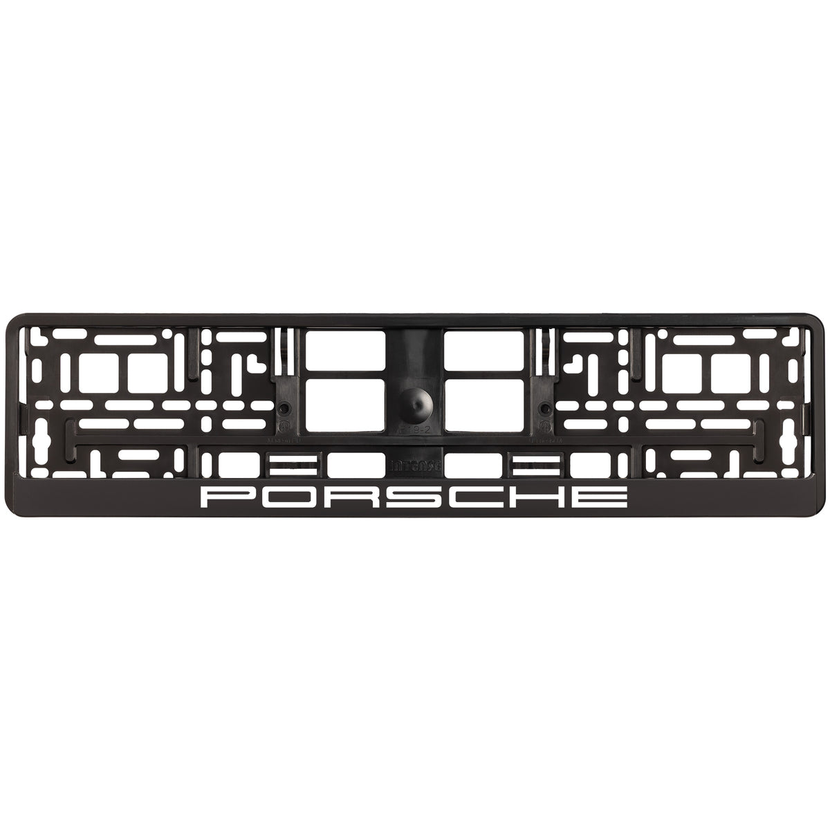 
        black license plate frame with white porsche logo
     