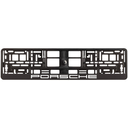 black license plate frame with white porsche logo