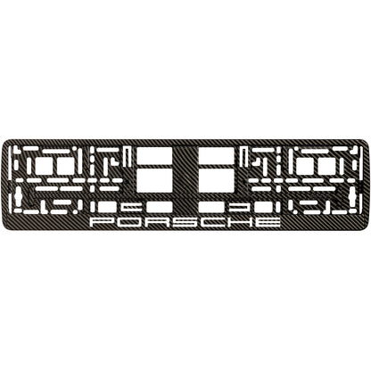 carbon license plate frame with white porsche logo