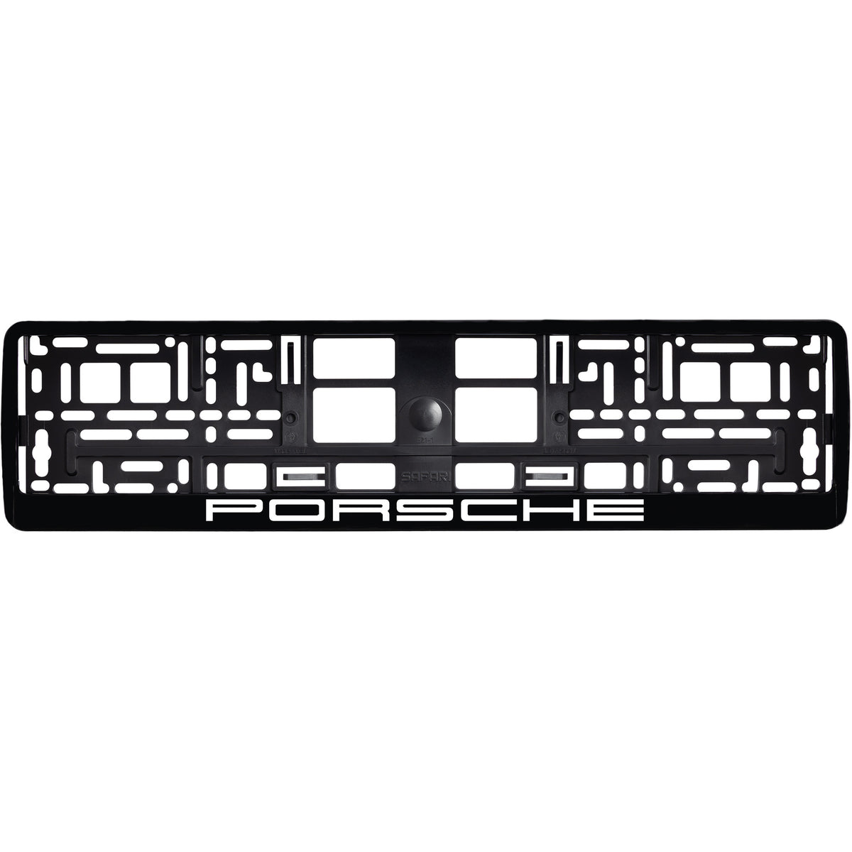 
        gloss black license plate frame with white porsche logo
     