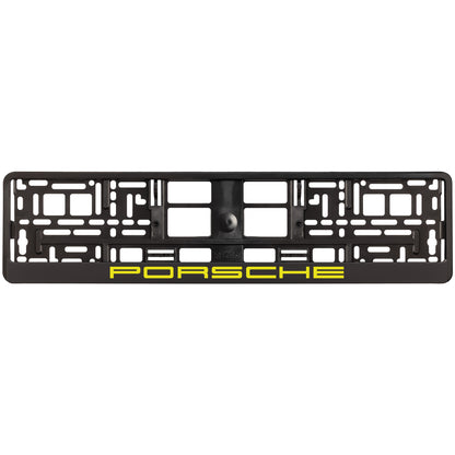 black license plate frame with yellow porsche logo
