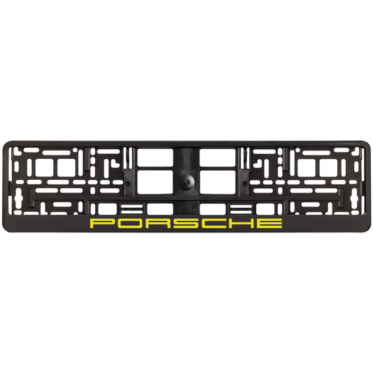 black license plate frame with yellow porsche logo
