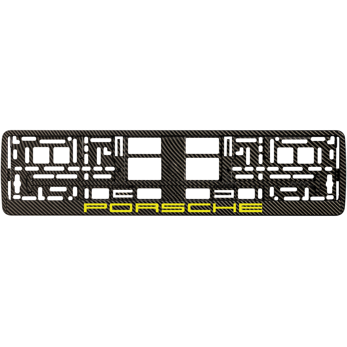 carbon license plate frame with yellow porsche logo