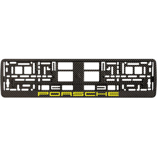 carbon license plate frame with yellow porsche logo