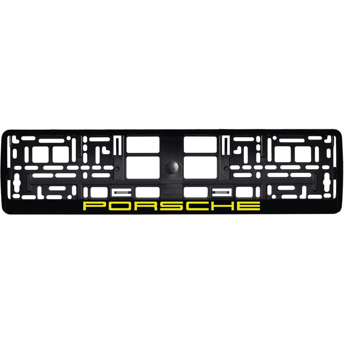 
        gloss black license plate frame with yellow porsche logo
     