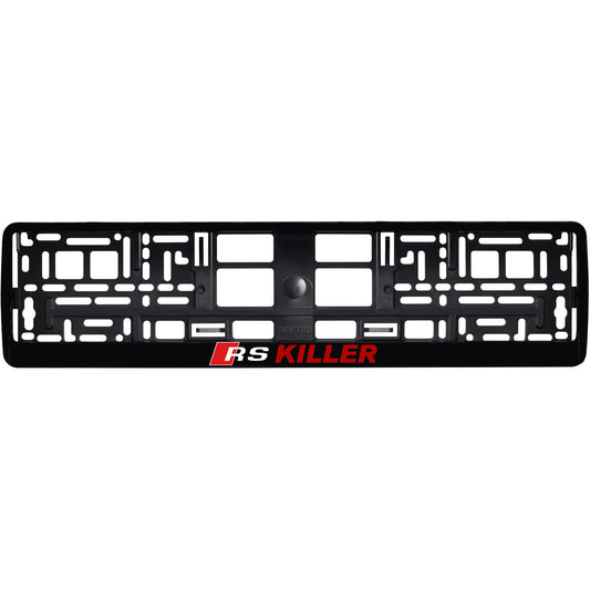 gloss black license plate frame with rs killer red text