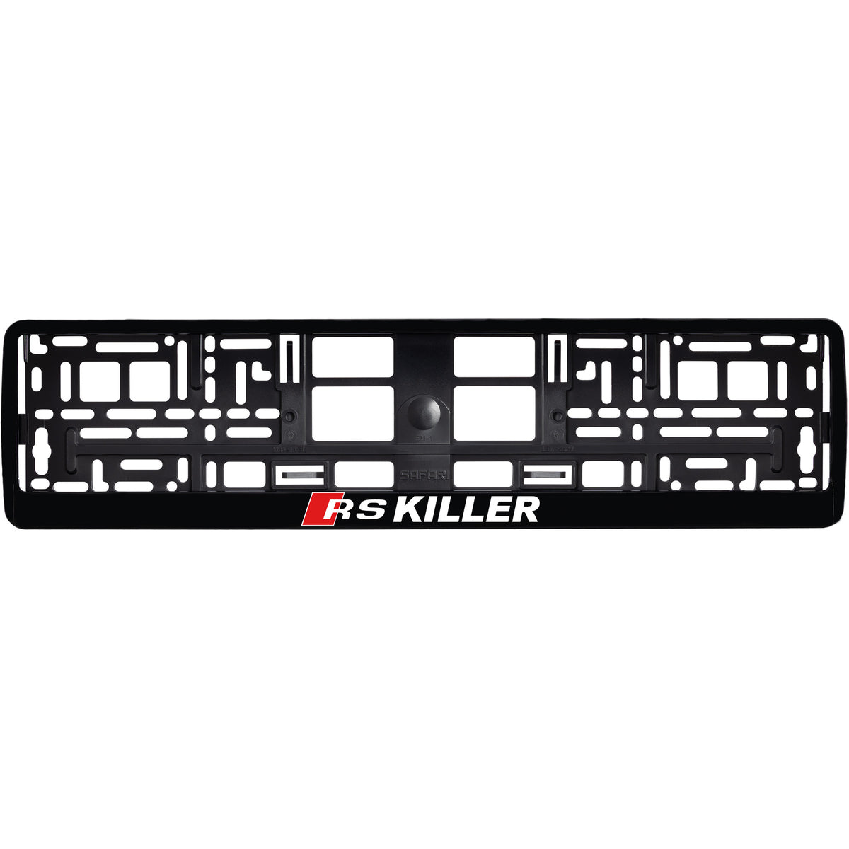 
        gloss black license plate frame with rs killer white text
     