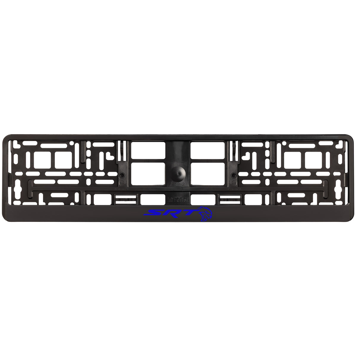 
        black license plate frame with blue hellcat logo
     