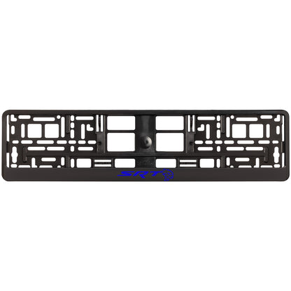 black license plate frame with blue hellcat logo