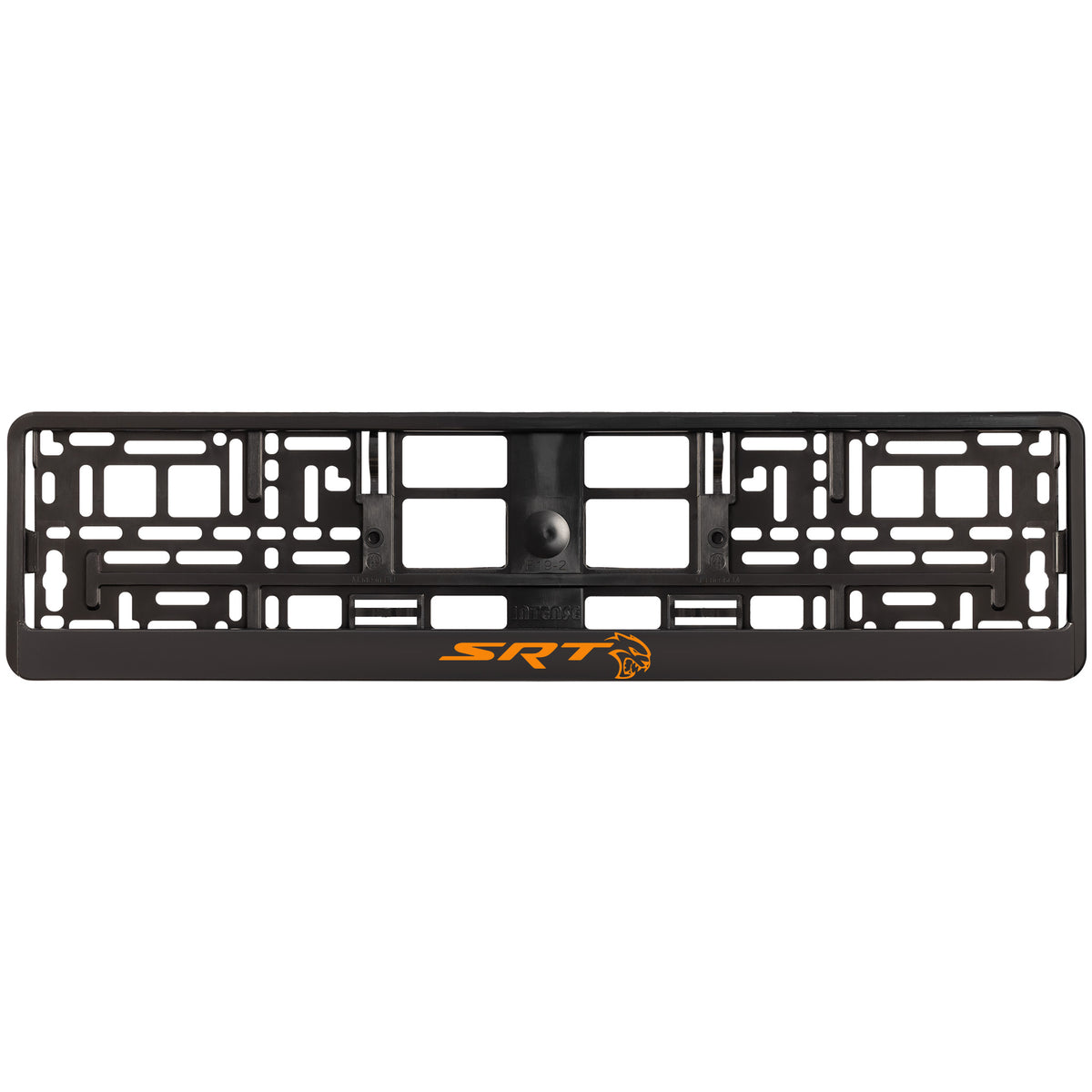
        black license plate frame with orange hellcat logo
     