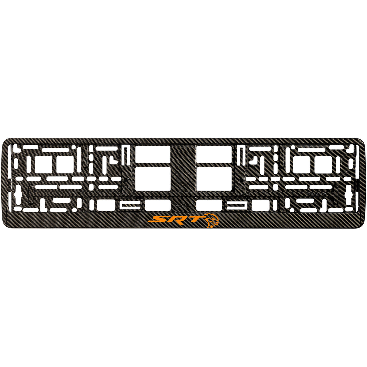 
        carbon license plate frame with orange hellcat logo
     