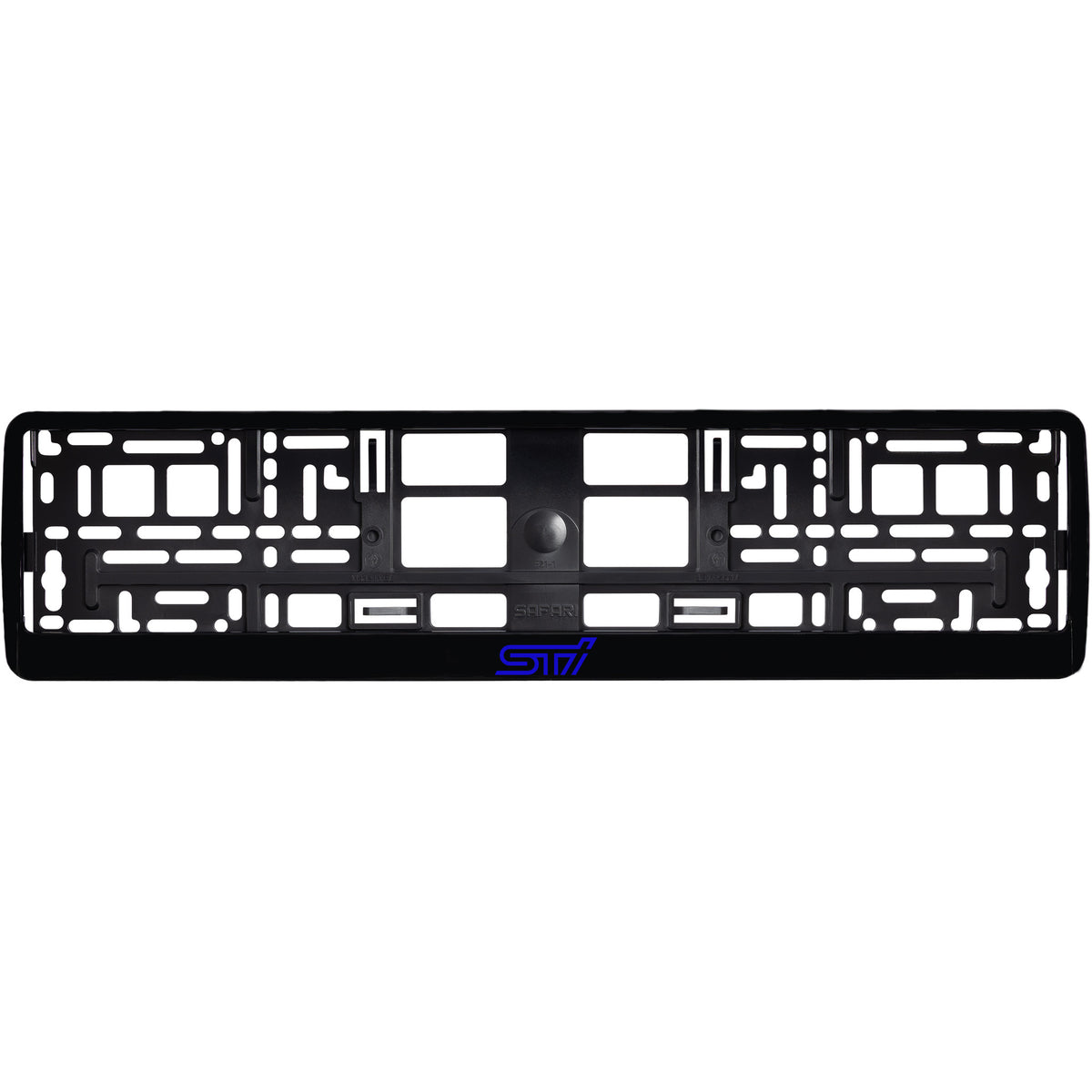 
        gloss black license plate frame with blue sti logo
     