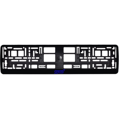 gloss black license plate frame with blue sti logo