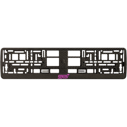 carbon license plate frame with pink sti logo