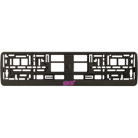 carbon license plate frame with pink sti logo