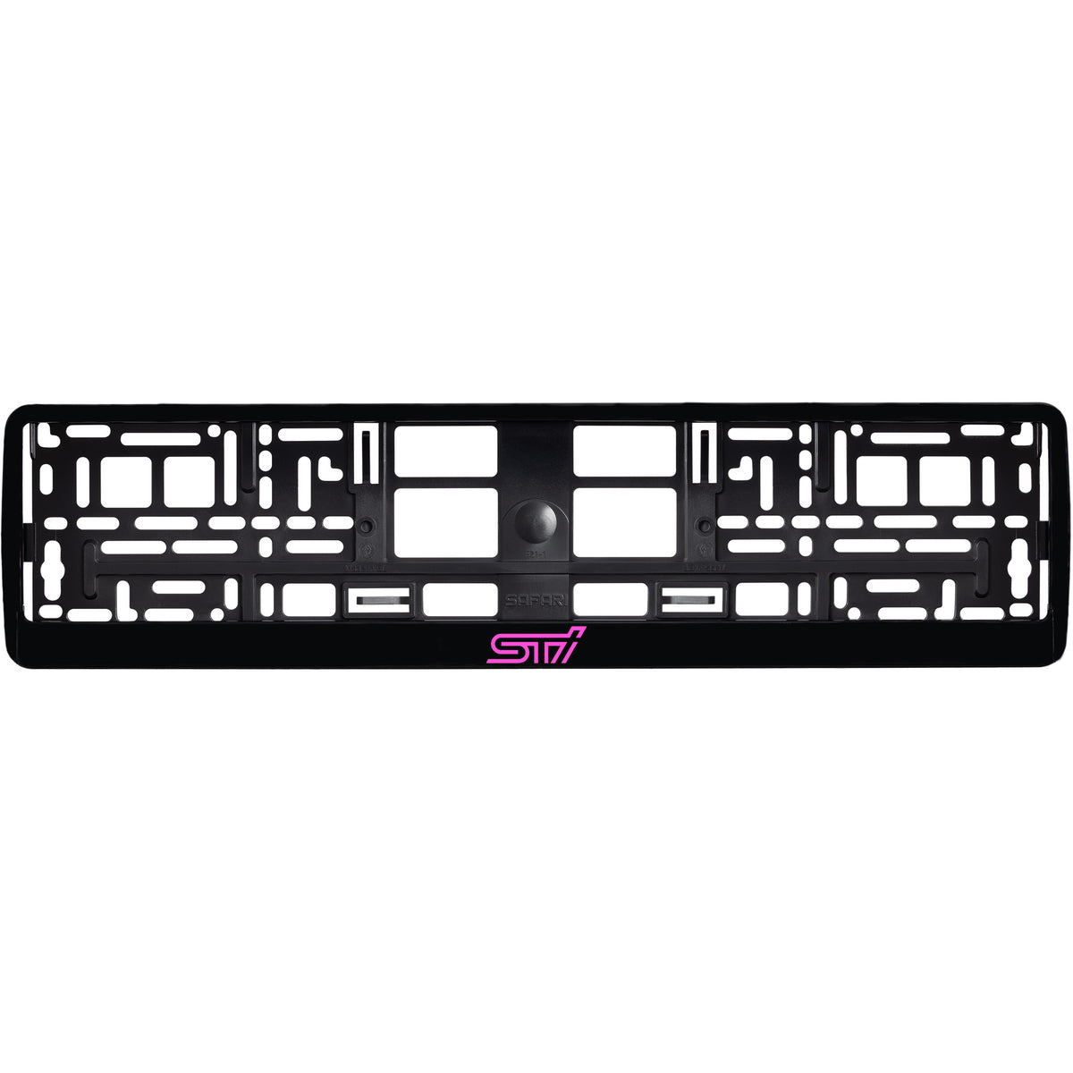 gloss black license plate frame with pink sti logo