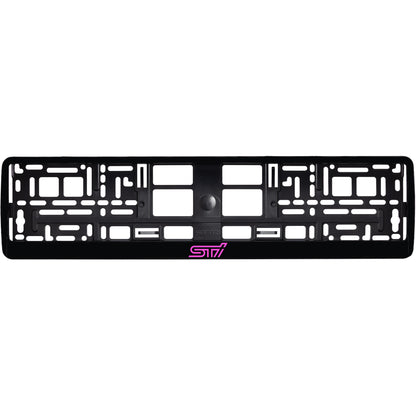 gloss black license plate frame with pink sti logo